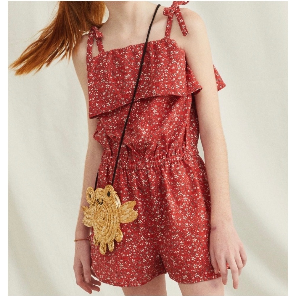 NEW Tea Collection Girls 16 Red Floral Tie‎ Shoulder Ruffle Romper Linen/Cotton